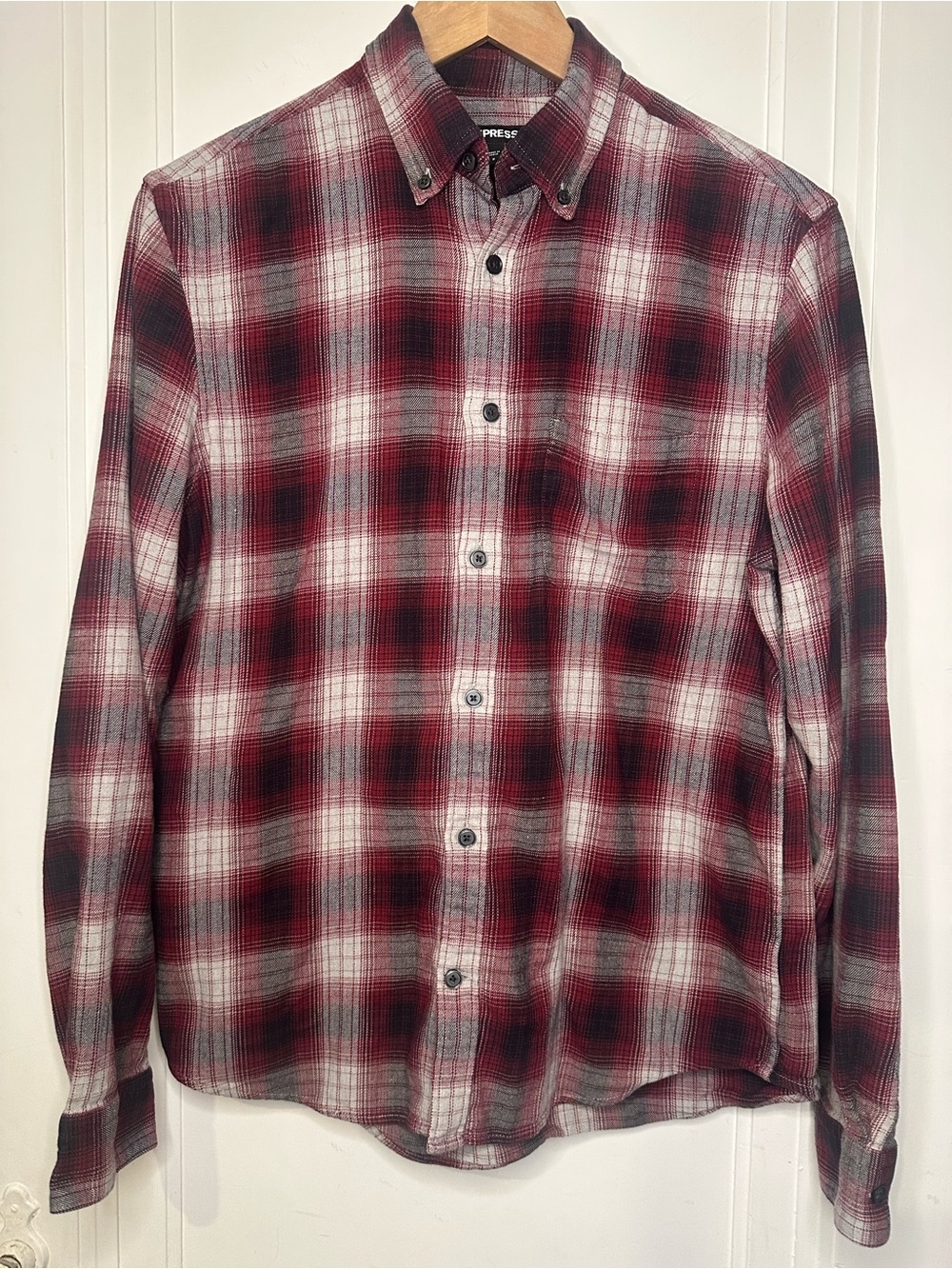 Express Men's Red, White and Black Plaid Button-Down Shirt